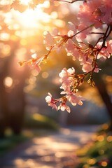 Obraz premium background with blossoming tree. Moody fantasy morning sunrise dreamy