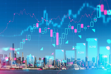 Fototapeta na wymiar Manhattan skyline with holographic stock market graphs overlay. Digital graphic, cityscape background. Finance and trading concept. Double exposure