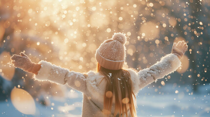 Young girl throwing snow in the air at sunny winter. generative ai 