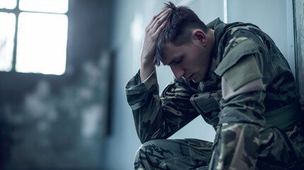 Soldier With PTSD. military, war and emotional concept. - obrazy, fototapety, plakaty