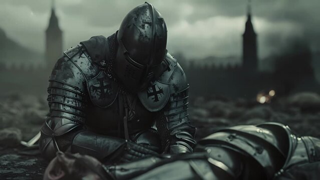 A Teutonic Knight kneels beside a fallen comrade his head bowed in mourning.