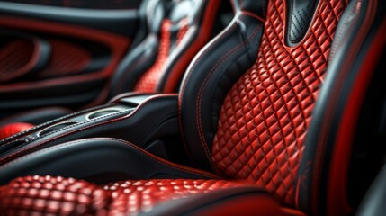 Black and red leather interior of modern luxury sports car. Close-up of console and ergonomic seats...