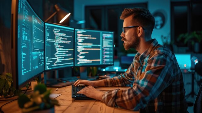 A software developer works on code late into the night, illuminated by the glow of multiple computer screens in a modern office. AIG41