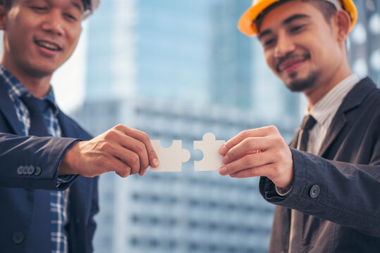 Unified synergy assembly business game implementation multiple puzzle meeting. Business connections strategy synergy team solution. 