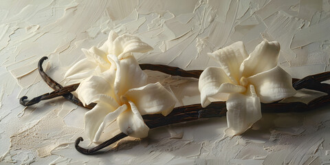 Vanilla with jasmine flowers,  Dried vanilla sticks and orchid vanilla flower

