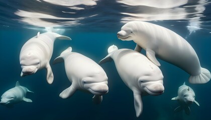A Family Of Beluga Whales Swimming In A Tight Knit