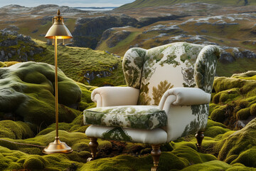 Floral Armchair and tarcher in Mossy Wilderness against the backdrop of Irish nature. Ecology at home and comfort in nature