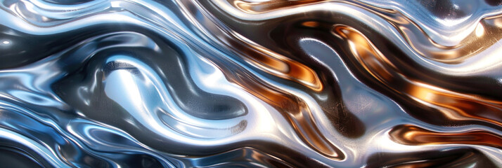 The background has a smooth and smoothly flowing surface reminiscent of melting metal. Banner.