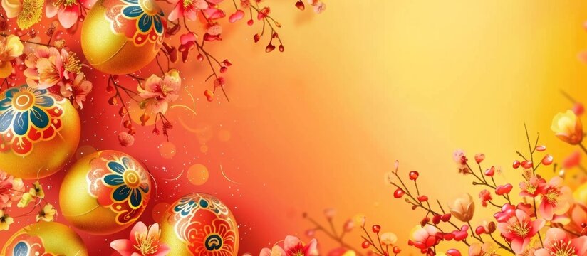 Golden decorated Easter eggs with flowers on red and yellow background, copy space