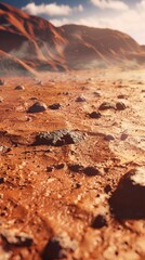 Obraz premium View of the planet Mars, red planet, landscape, surface of mars, rocks and mountains, exploration of mars, colonization of mars, flight to mars