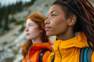 Two beautiful female hikers in bright clothes admiring the view (one ginger, one mixed race). Satisfied expression on their faces to be outdoors. Diversity
