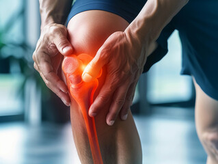 man holding his knee and the superimposed 3D illustration highlights the knee joint in red, indicating pain or inflammation. 