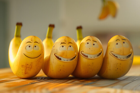 Cheerful several fruits in a row funny cartoon banana smiling