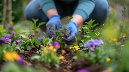 Fototapeta premium Close-up of female hands in gloves planting colorful flowers into the soil in home garden. Gardener decorates a flower bed on a warm spring day. Spring and gardening concept.