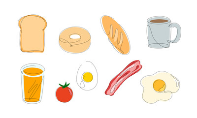 Set of one line drawings with color. Breakfast food, bread, toast, egg, fried egg, bagel, mug, cup. Minimal illustration vector.
