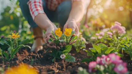 Close-up of female hands planting colorful flowers into the soil in home garden. Gardener decorates a flower bed on a warm spring day. Spring and gardening concept.