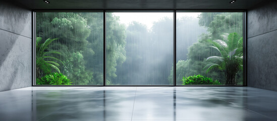 Naklejka premium empty modern living room of glass window with concrete floor and forest view concept background