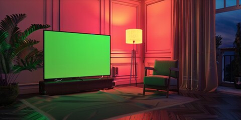 Green Screen TV Mock Up in Living Room with Amazing Lights. Modern TV with Big Empty Screen for Your Advertising