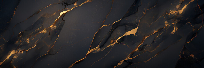 Dark Marble Texture with Abstract Gold Veins, Horizontal Background