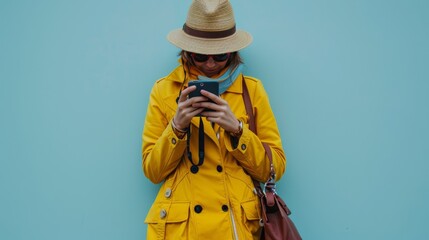 Half-length portrait of cute young hipster girl wearing yellow raincoat and brimmed hat. Female traveler looking at smartphone, browsing social media, reviewing photos. Isolated on blue background.
