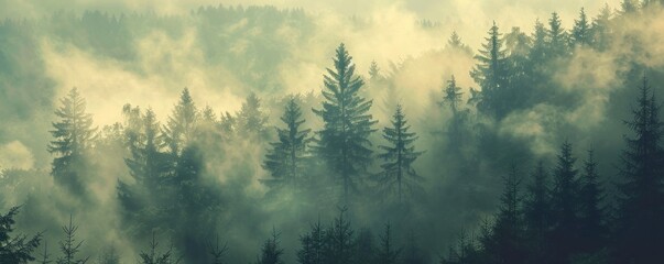 Misty green forest. Foggy landscape - obrazy, fototapety, plakaty