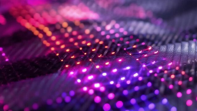 A detailed shot of a woven fabric panel featuring a pattern created with LED lights and conductive threads. The seamless integration of technology into the traditionally woven
