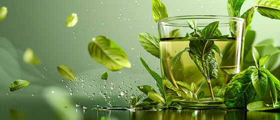 A glass of green organic tea leaves and fresh mint floating in it