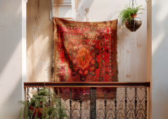 Moroccan rug hanging in the patio