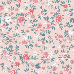 Delicate watercolor seamless pattern depicting pink, red and white flowers on a light pink background.