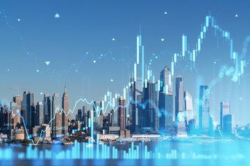 Double exposure of New York City skyline with financial charts, illustrating a business concept...