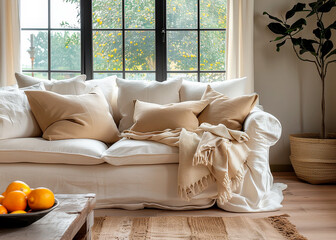 white textile sofa with cushions in a bright living room