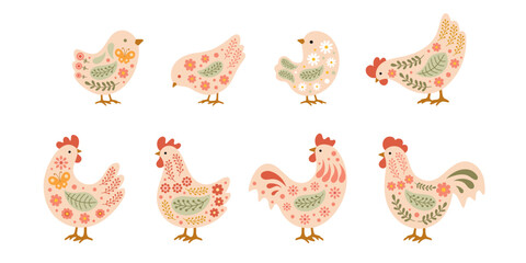 Set of abstract chicks, hens and roosters decorated with flowers. Vector illustration in flat style is isolated on white background