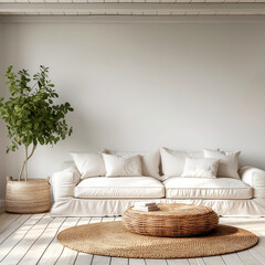 light sofa with cushions in a bright living room, cozy interior