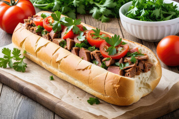 a delicious meat shawarma baguette with tomato and parsley