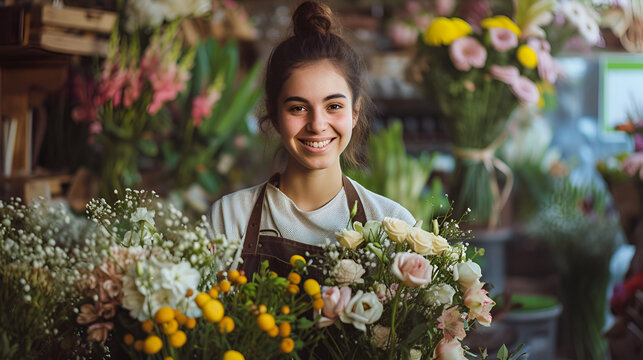 Young happy florist making fresh flowers arrangement. generative ai 