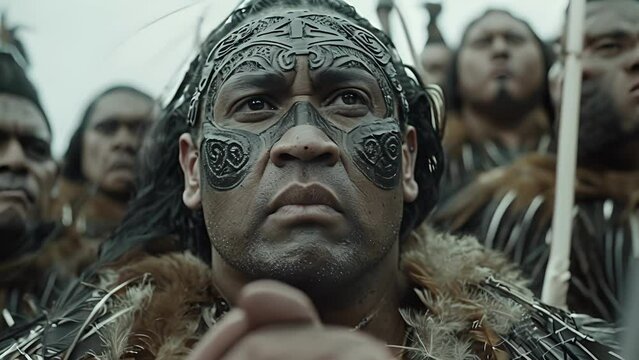 A group of Maori warriors adorn their hair with feathers and weave intricate patterns with flax as they prepare for a sacred ceremony to honor their ancestors.