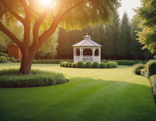 A beautiful gazebo on the neatly trimmed backyard lawn.