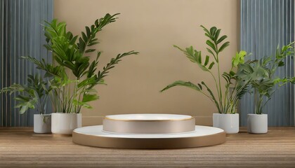 Charming Greens: Luxury Podium Accented with an Elegant Plant for Added Class