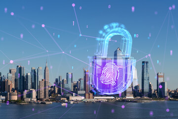 New York skyline with a digital hologram of a fingerprint and security interface overlay. Mixed media concept on light background with blue and pink tones. Double exposure