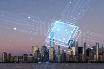 Double exposure of New York cityscape and digital security hologram. Photo manipulation with...