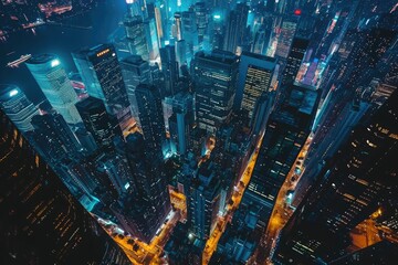 Aerial View of a City at Night With Illuminated Skyscrapers and Busy Traffic, A stunning aerial perspective of a glowing city skyline at dusk, AI Generated