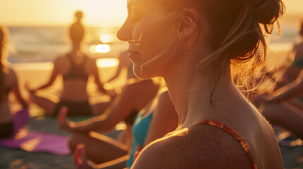 Yoga Session on the Beach at a Sunset.