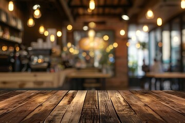 a rustic wooden board serving as an empty table, positioned in front of a blurred background reminiscent of a bustling coffee shop - Powered by Adobe
