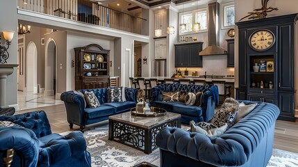 Opulent Living Room with Sapphire-Blue Sofas and Lavish Kitchen