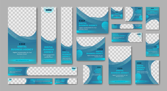 Website ads banner design template set, gradient blue business template premium vector