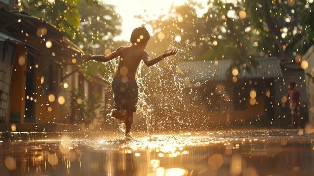 Action-stopping images of children happily playing in the rain. His body was dripping with rain. 