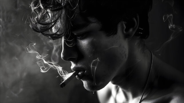 Tough guy teen looking down with cigarette in the shadows, black and white