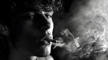 Portrait of a young rebel man, with brooding attitude,  smoking a cigarette
