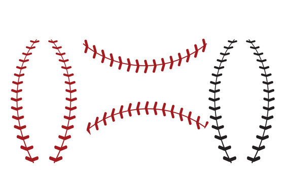 red stitches of baseball Stitch. red stitch or stitching of the baseball. red lace seam sign. flat style.