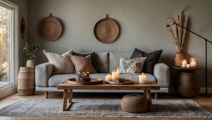 Simplistic and warm boho-inspired living space with a soft gray sofa, accent pillows, and a wood table set with candles and earthy decorations Generative AI